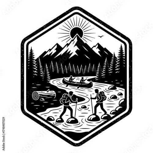 River Crossing Badge Vector: Hikers Stepping Stones and Canoe in Mountain Stream, Vintage Outdoor Adventure Emblem