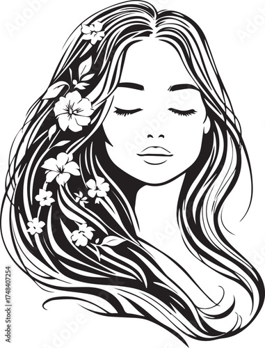 Woman’s face silhouette — black and white stylized portrait with flowing hair and floral accents for beauty and emotional themes