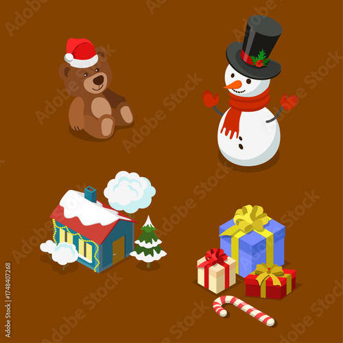 Cute Christmas and Winter Holiday Icons Bear, Snowman, House, Gifts and Candy Cane