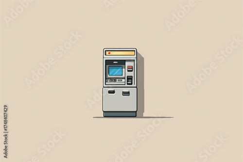 Isolated ATM machine against a tan background depicting financial access and banking services accessibility with a retro styled illustration emphasizing convenience and technological interface