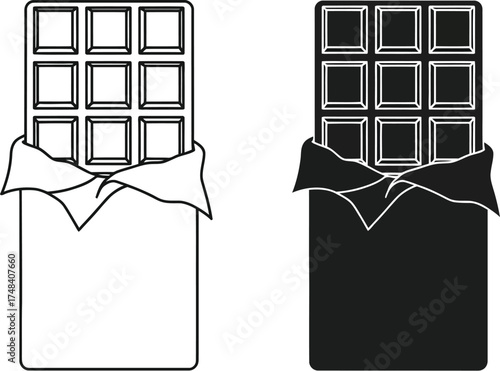 Three chocolate bars in wrappers in color outline and black and white