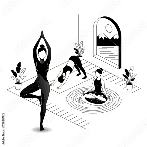 Isometric Yoga pose illustration Vector: Fitness and Wellness Scene with Women Practicing Tree, Downward Dog, and Lotus Poses for Mindfulness and Health Content