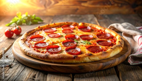 Traditional pepperoni pizza with melted cheese and tomato sauce. Classic Italian fast food concept for restaurant and delivery menu.