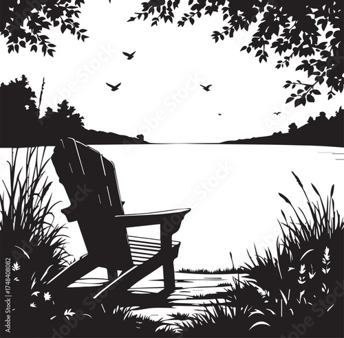Lakeside retreat silhouette — black and white outdoor scene with chair, dock, birds, and natural framing in tranquil setting