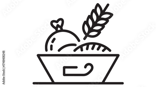 A simple line drawing of a basket overflowing with bread, a chicken, and wheat.