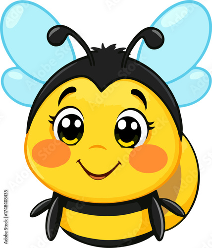 Cute Cartoon Bee Vector – Big-Eyed Smiling Honeybee with Black Head and Blue Wings, Adorable Kids Illustration