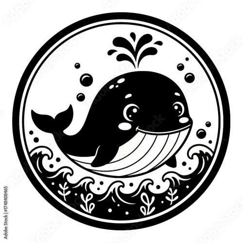 Cute Cartoon Whale Badge Line Art Icon Spouting Water, Black and White Vector Coloring Book Illustration
