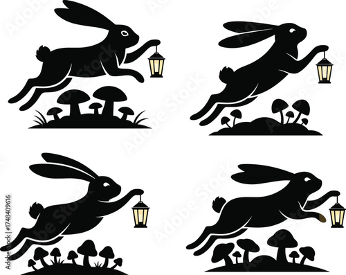 Silhouette rabbits with glowing lanterns, jumping over mushrooms and grass, whimsical forest scene, fantasy illustration, night nature art, folklore theme