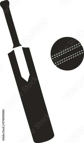 Black cricket bat and ball graphic design element on transparent background silhouette
