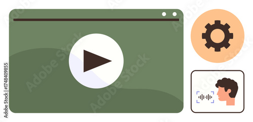 Media player window with play button, gear icon for settings, and voice profile for audio input. Ideal for technology, communication, media, entertainment, app design, user interface simple flat
