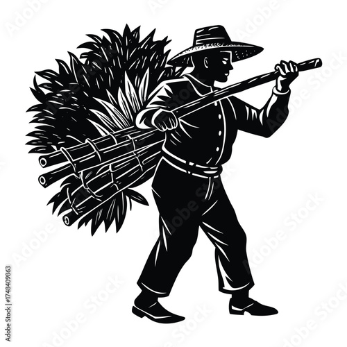 Sugarcane Farmer Silhouette Harvesting Crop in Field, Black and White Illustration on White Background