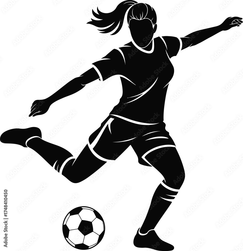 Naklejka premium Dynamic female soccer player in action pose on transparent background silhouette