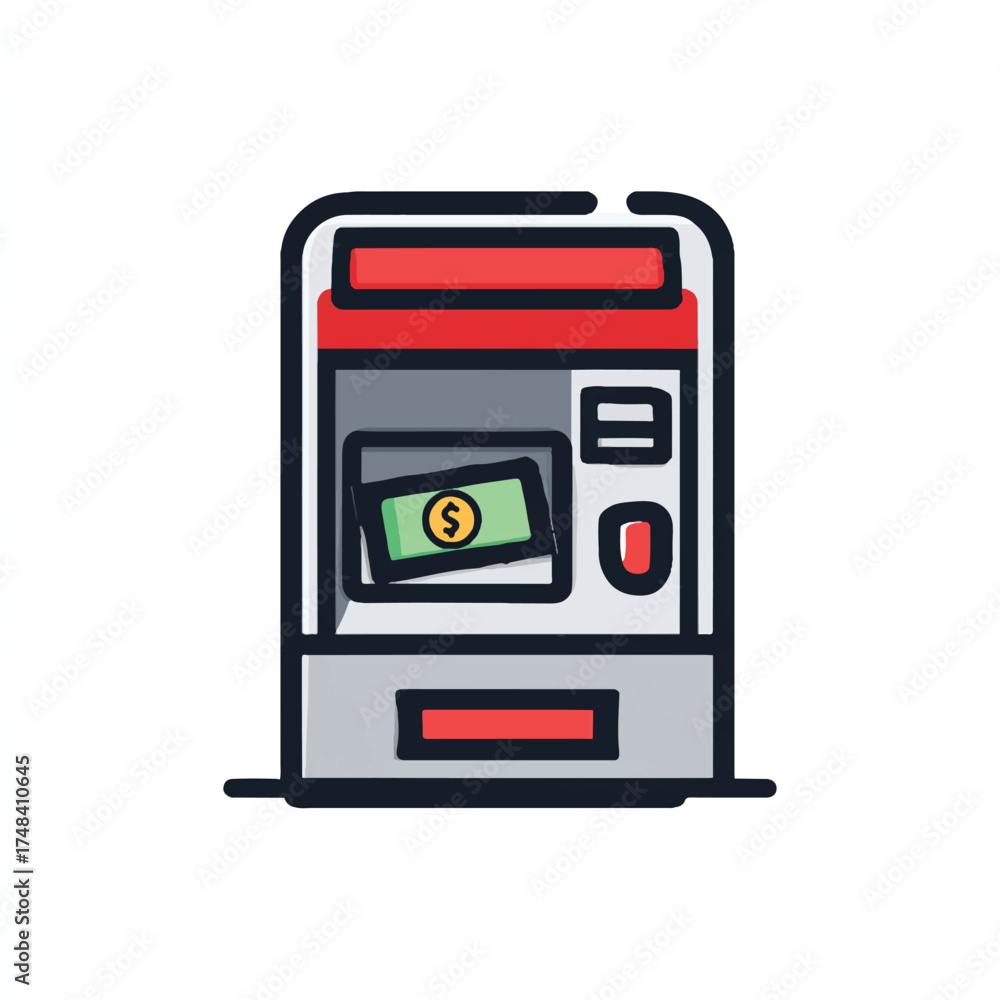 Obraz premium Modern and Stylized ATM Illustration with Dollar Bill Ready for Withdrawal in Red Grey and Black Depicting Financial Access