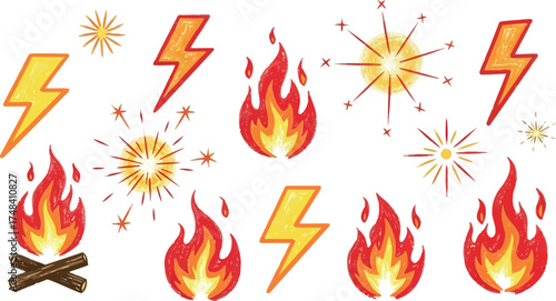 Vector art of fire and lightning elements doodle