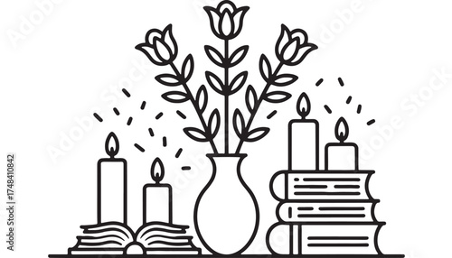 Peaceful scene with lit candles, a vase of flowers, and stack of books for quiet contemplation and relaxation.