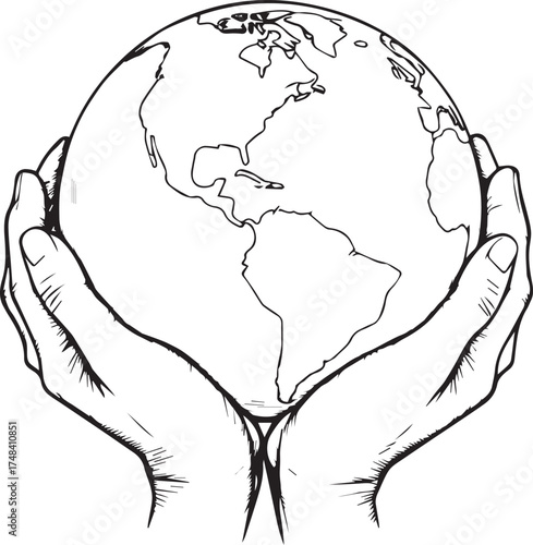 Earth in hands illustration — black and white stylized globe held gently in cupped hands symbolizing care, unity, and stewardship