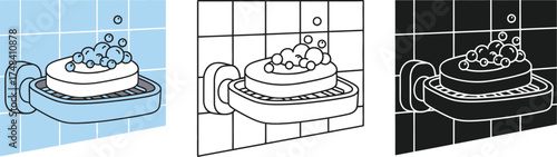 Three soap illustrations with bubbles on a tiled wall and soap dish