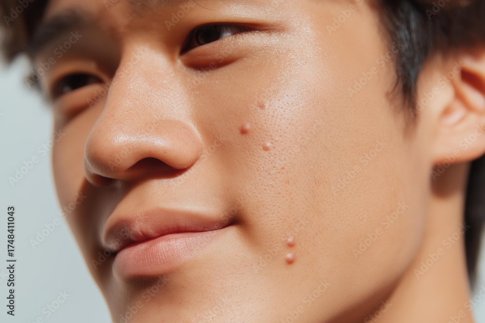 Obraz premium Close-up portrait of a young man showcasing natural skin texture and confidence.