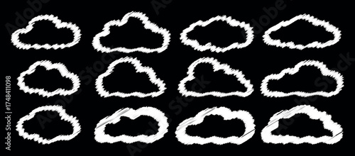 Collection of Cloud Icons and Sky Elements in Flat White Line Scribed Brush Silhouette – Isolated Transparent Vector Set for Weather Graphics and Web Design