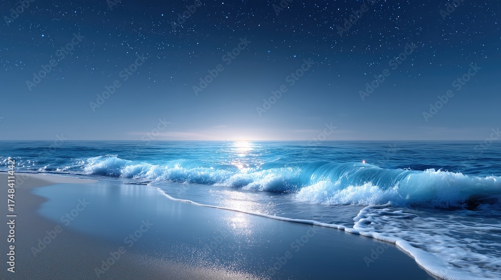 Fototapeta premium Starry Night Sky Over Serene Ocean Waves and Sandy Beach