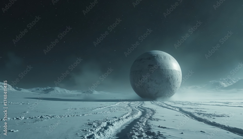 Fototapeta premium Huge textured sphere rolls on barren snowy plain under dark starry sky, leaving deep tracks. Cold alien planet landscape, atmospheric sci-fi scene, minimalist concept art.