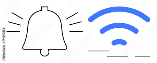 Ringing bell next to wireless signal waves indicating connectivity, notifications, alerts, and wireless communication. Ideal for technology, digital communication, updates, reminders, user interface