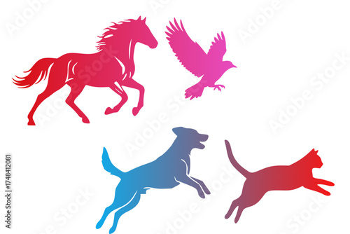 Silhouettes of four animals in various colors against a white background. A horse in red is galloping