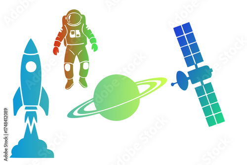 Colorful silhouettes of space-themed elements on a white background. A blue rocket with flames below