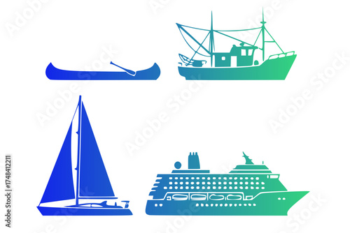 Silhouettes of four types of watercraft are depicted. The top row features a canoe with a paddle and