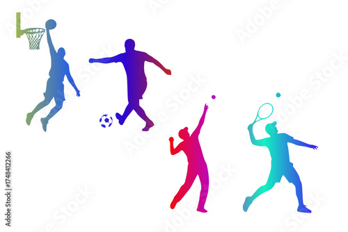 Silhouettes of athletes in various sports: a basketball player dunking, a soccer player kicking a ball