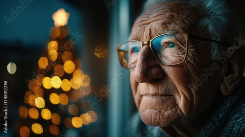 Lonely Christmas for an elderly man reflecting by a warmly lit Christmas tree