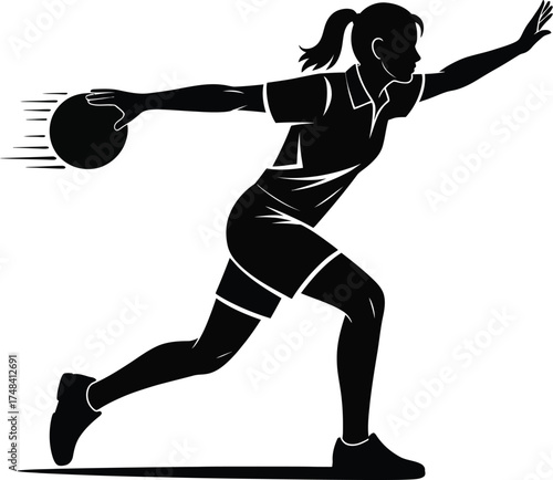 Woman bowling with a ball in motion dynamic pose on transparent background silhouette