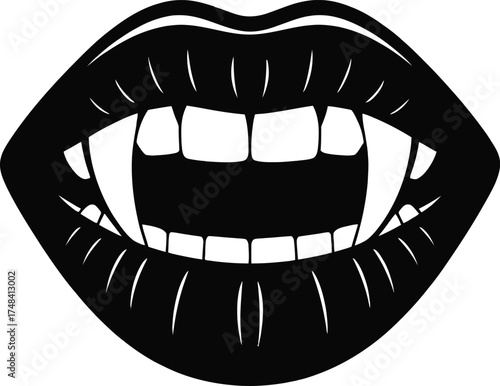 Detailed black vampire lips with fangs perfect for designs on transparent background silhouette