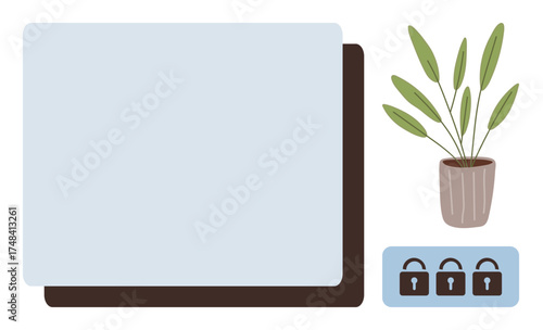 Two layered documents, three padlocks representing security, and a potted plant signify privacy, protection, and calm workspace. Ideal for cybersecurity, privacy, organization, safety data
