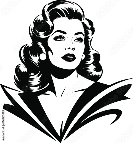 Retro styled woman portrait with elegant hair on transparent background silhouette