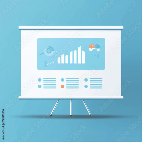 Presentation board illustrating data analysis and visualization for business strategy and marketing success with ascending bar graph and insightful information icons on a serene blue background