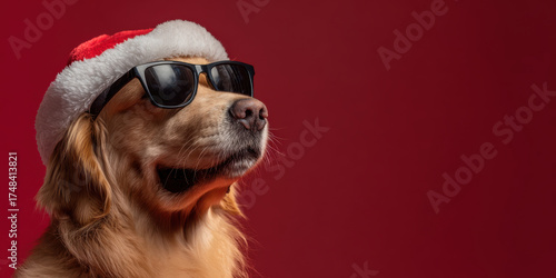 Festive dog wearing santa hat and sunglasses, christmas golden retriever portrait with joyful expression, animal