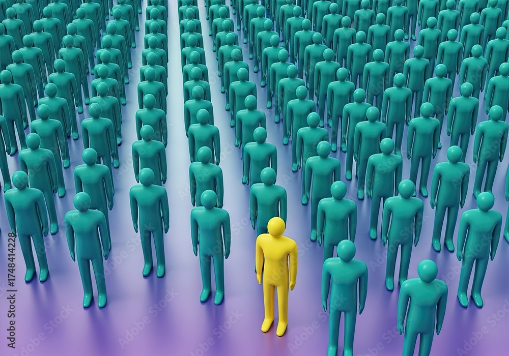 Fototapeta premium Stand Out Concept Crowd of Teal Figures with a Single Yellow Figure Standing Out