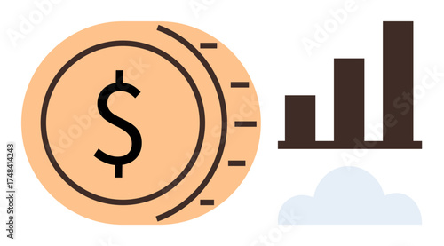 Dollar coin next to a rising bar graph and a cloud, symbolizing financial progress. Ideal for wealth, investment, business, success, profit, strategy savings. Simple flat metaphor