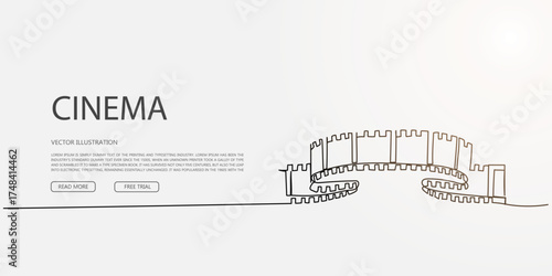 Curved film strip on cinema-themed website, minimalist vector homepage design for storytelling or film history sites