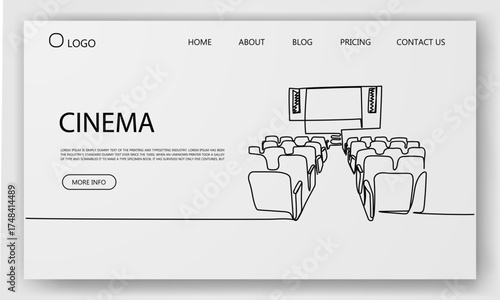 Linear minimalist web illustration of a cinema hall interior with rows of seats and a large screen, modern design concept