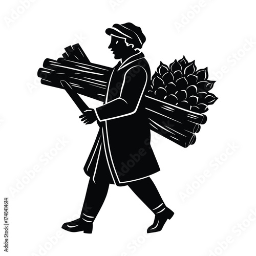 Man Carrying Wood Silhouette, Lumberjack Illustration, Firewood Delivery Service, Black and White on White Background