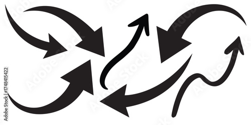Stylized black brushstroke arrows on a white background, varying in size and direction. Hand-drawn aesthetic symbolizes progress, movement, and growth in a bold, minimalist graphic style.