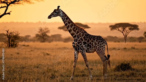 Giraffe walking in African savannah at sunset