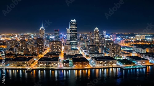 Modern city skyline illuminated at night with reflections