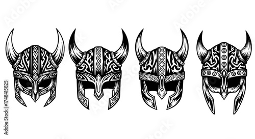 Four intricately detailed viking helmets with ornate patterns and wing like horns displayed in a row against a white background