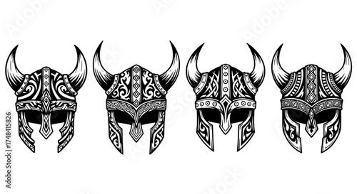Four ornate viking helmets with intricate patterns and horns displayed in a row against a white background representing ancient warrior culture and mythology