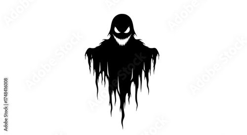 Silhouette of a terrifying ghost with dripping tendrils and a menacing face against a stark white background creating a spooky halloween or horror theme