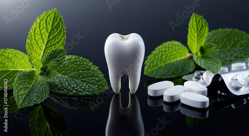 Single tooth model stands tall, surrounded by fresh mint leaves and mintflavored lozenges, symbolizing natural breath freshening and oral health