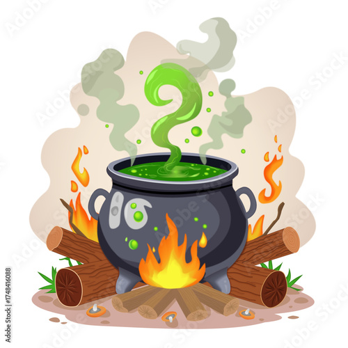Cartoon cauldron with bubbling green potion over campfire  